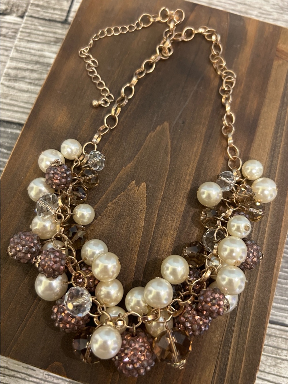 Vintage Chunky Statement Necklace • Gold Tone Faux Pearl & Brown Beaded